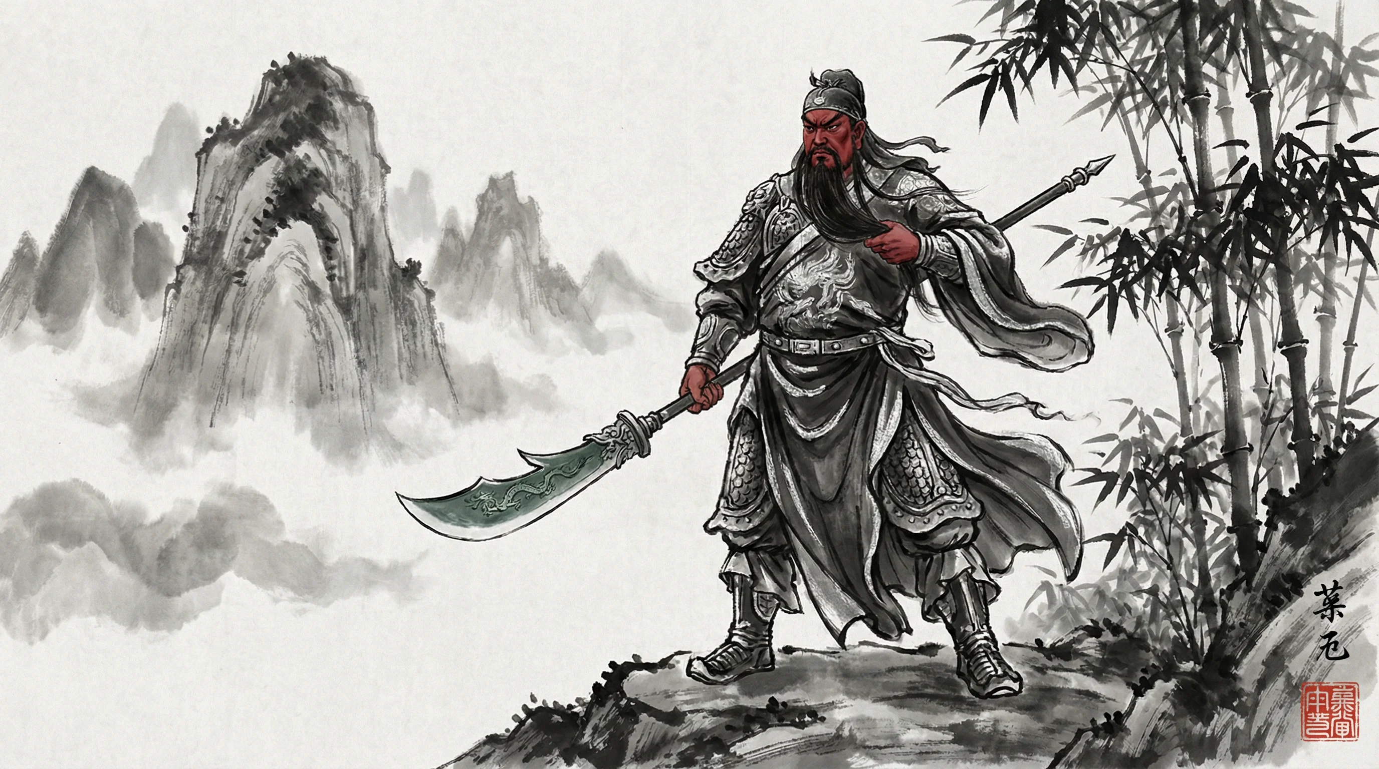 pg导航武圣关公游戏水墨画风格